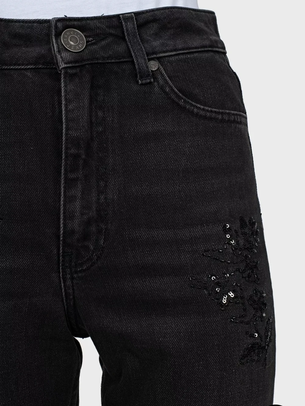 Sandro Paris Black Denim Jeans with Branded Button And  sequins Size36 - Picture 3 of 8